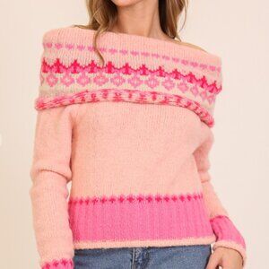 NWT Pink Fair Isle Off Shoulder Sweater Wool Blend Cozy Winter Girly